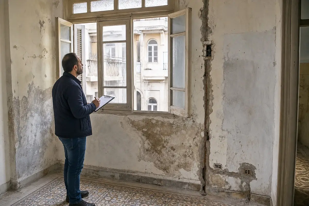 Diagnostic survey inside an older Damascus apartment before apartment renovation Damascus works begin