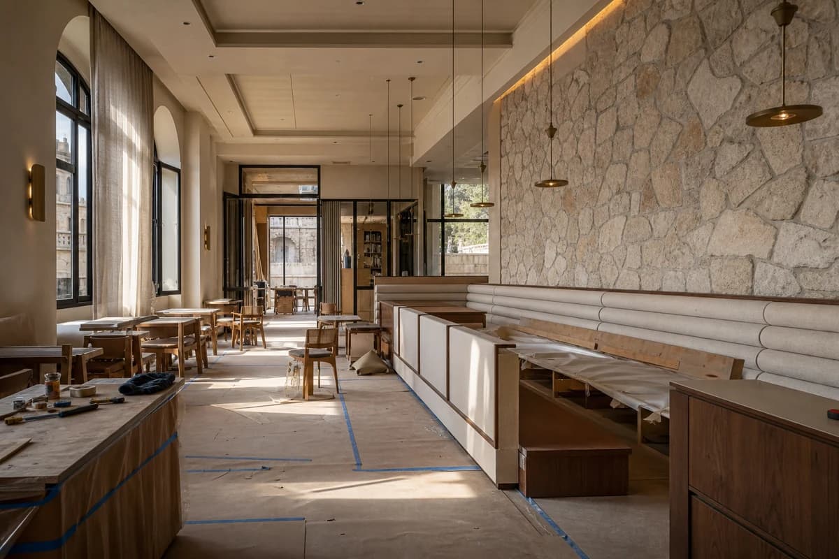 Front-of-house restaurant dining room mid fit-out with temporary floor protection and pendant lighting