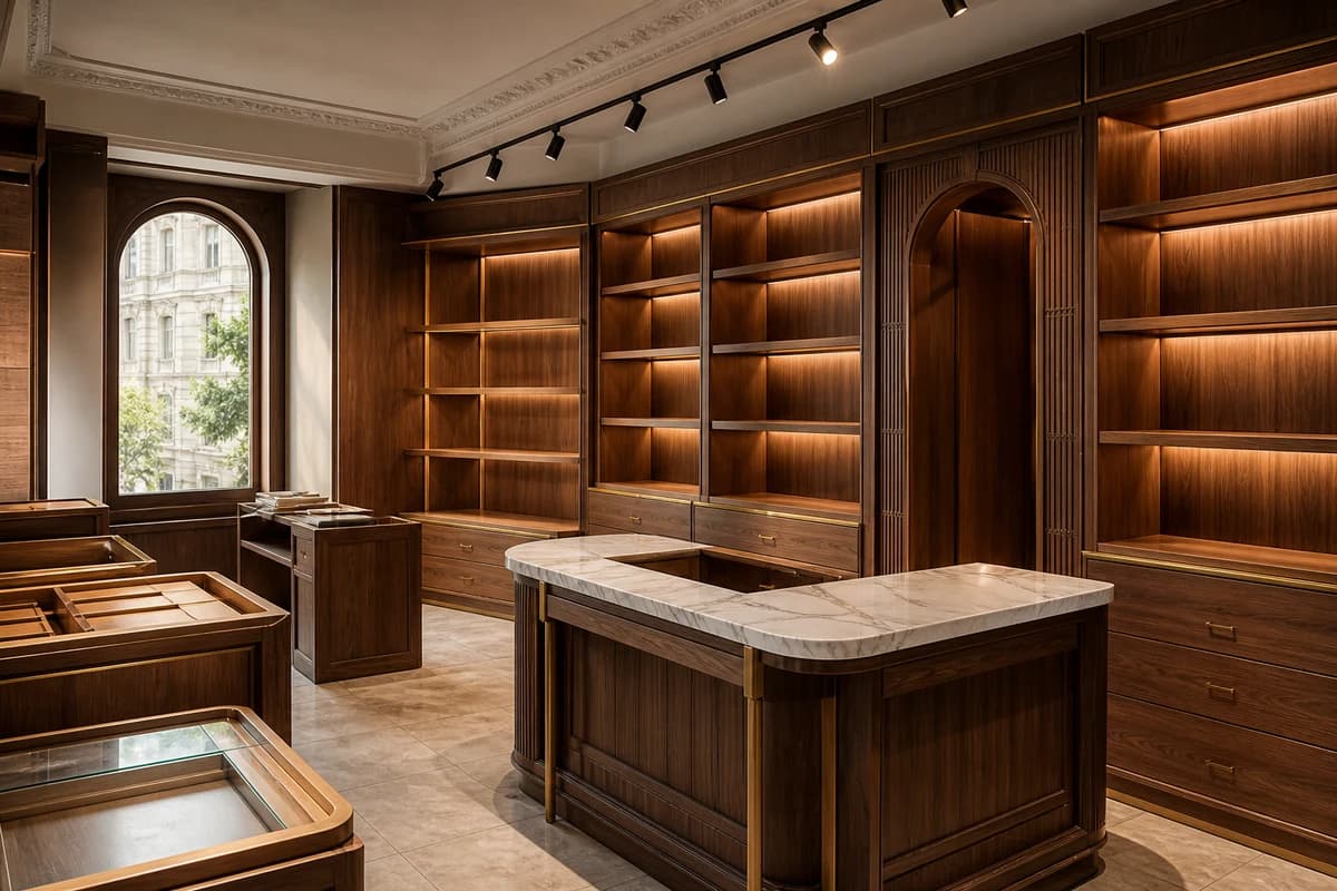 Retail fit-out interior in Damascus with custom display joinery, cash desk, and track lighting