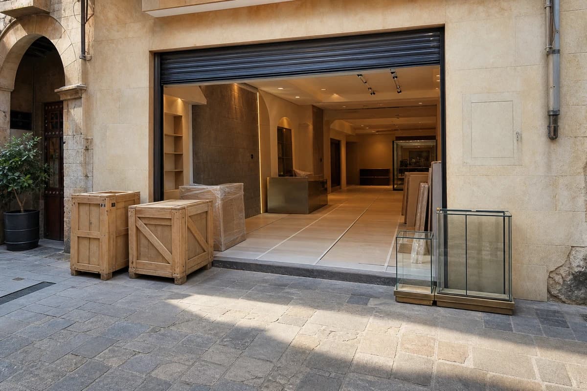Retail fit-out Damascus storefront entrance during commercial works before opening day