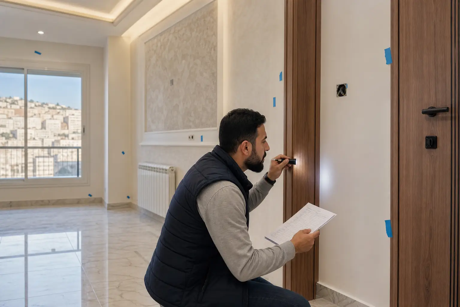 ملاحظات تشطيب داخلية محددة بشريط أزرق قبل تسليم عقار في سوريا