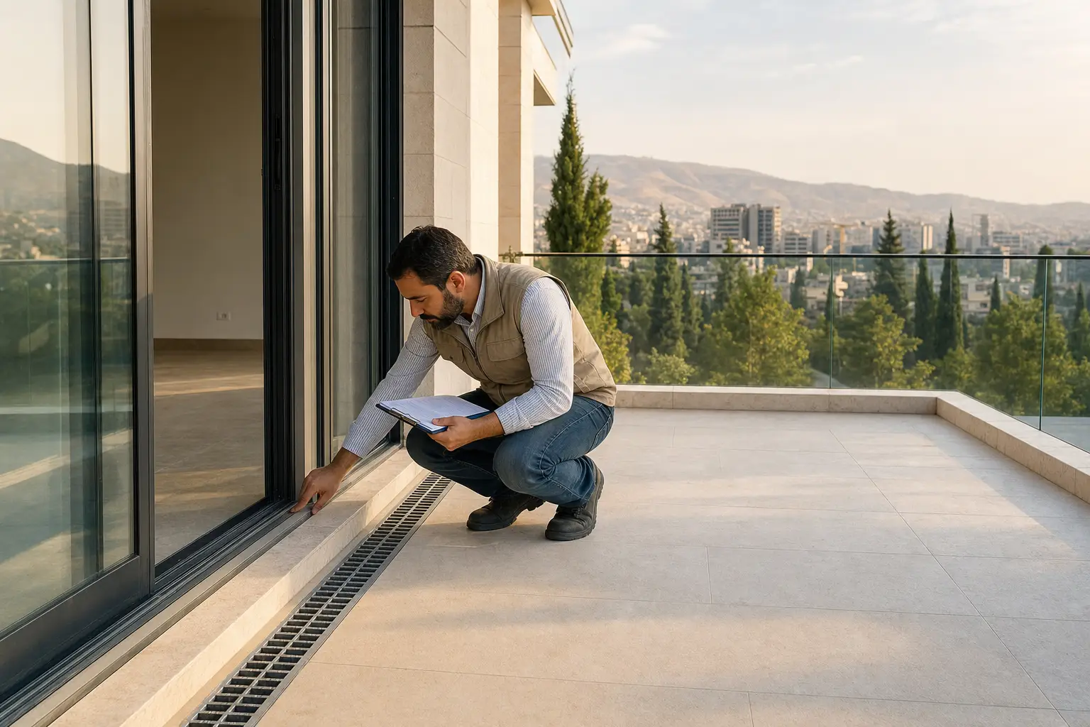 مهندس يفحص صرف تراس ضمن قائمة ملاحظات قبل تسليم عقار في سوريا