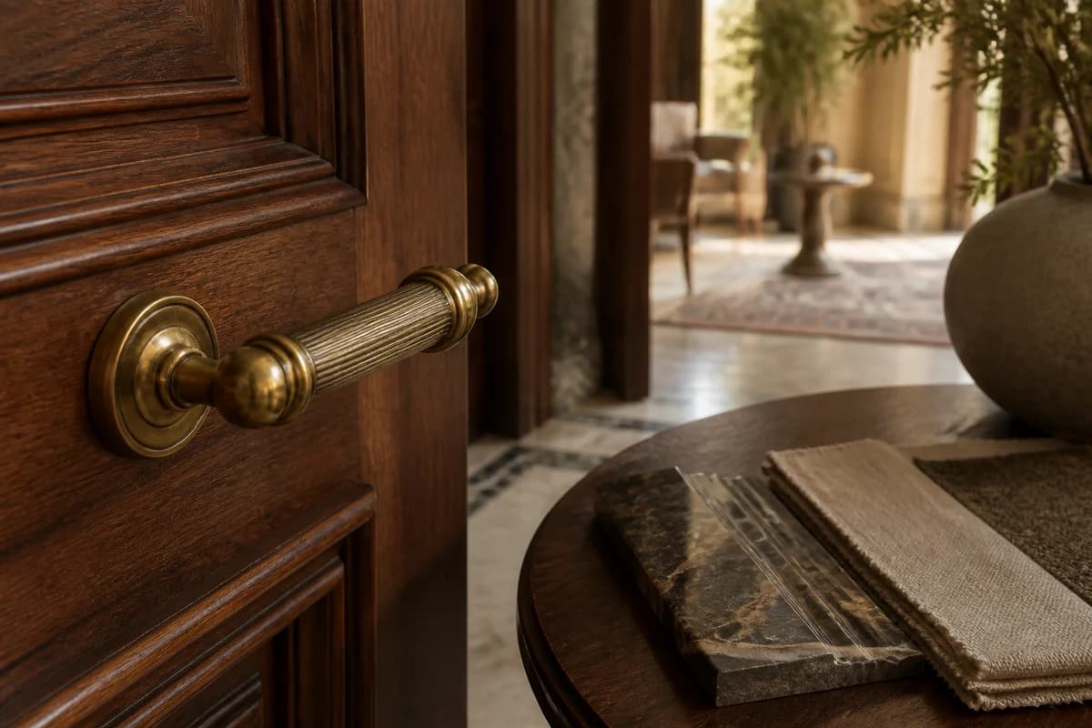 Brass hardware, marble threshold, and fabric samples for villa interior design Damascus finishes