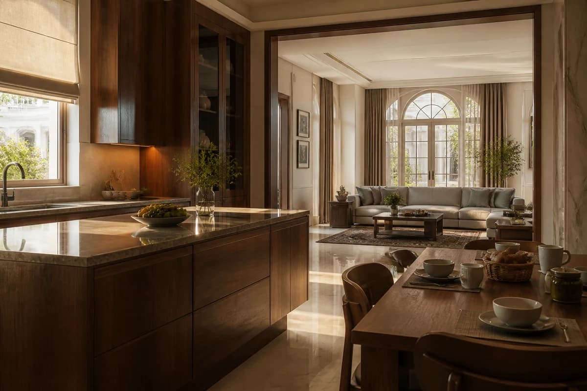 مطبخ فيلا في دمشق ينفتح على جلسة عائلية أثناء تصميم داخلي لتجديد منزل