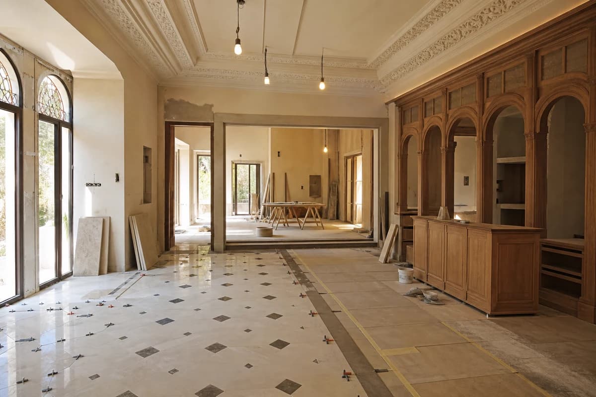 Damascus villa interior during property fit-out with stone flooring and joinery in progress